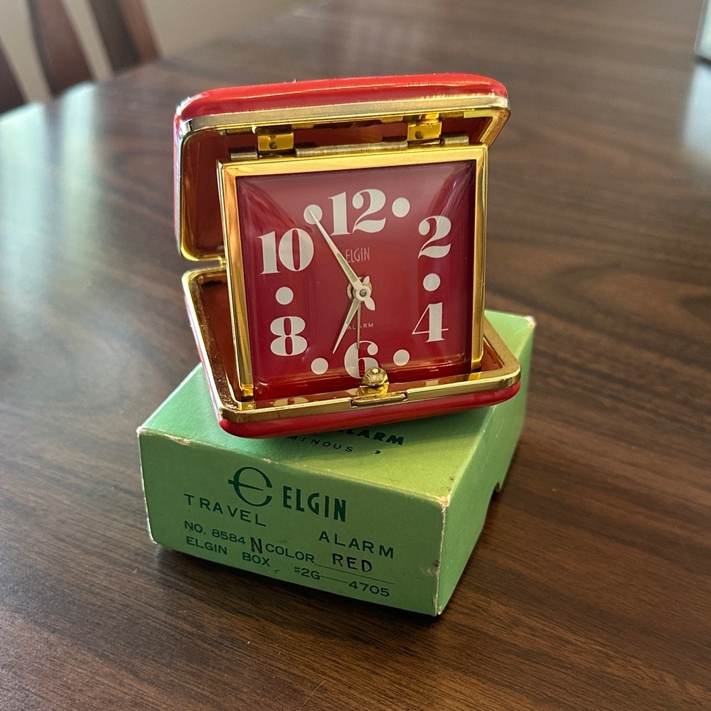 VTG 1960s Elgin Travel Alarm Red - in original box - STILL WORKS